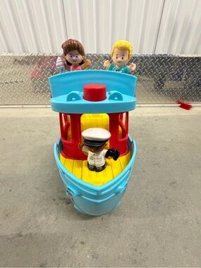 Fisher-Price Blue and Yellow Play Boat with Red Accents and Figures